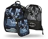 Baagl Schulranzen Jungen Set 3 Teilig, Shelly Hartschalen Schultasche ab 1. Klasse, Ergonomische Grundschule Ranzen mit Brustgurt (Batman Dark City)