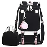 Bevalsa Schulrucksack Mädchen Teenager Schulranzen mit Lunchtasche Schultaschen-Set, Freizeitrucksack Groß 20L Wasserdicht School Bag Backpack Casual Daypacks für Kinder Grundschüler Schüler (Schwarz)