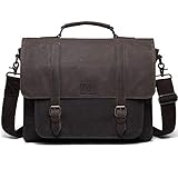 Kasgo Umhängetasche Herren, Wasserabweisend Gewachste Canvas aus Echtem Leder Aktentasche Passt 15,6 Zoll Laptop Vintage Laptop-Taschen Schultertasche mit Abnehmbarem Gurt Grau und Braun MEHRWEG