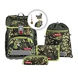 Step by Step Schulranzen-Set Cloud „Dino Torex“ 5-teilig, grün, Dino-Design, ergonomischer Tornister mit Reflektoren, höhenverstellbar mit Hüftgurt für Jungen ab der 1. Klasse, 19L