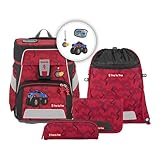 Step by Step Schulranzen-Set SPACE Monster Truck Rocky, 5-teilig, rot-blau, Auto, ergonomischer Tornister mit Reflektoren, höhenverstellbar mit Hüftgurt, ab der 1. bis 4. Klasse, 20l