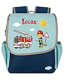 Mein Zwergenland Personalisierbarer Kindergartenrucksack in blau | Praktischer & robuster Rucksack für Ihr Kleinkind | 6 L, blau mit Motiv Feuerwehr Happy Knirps Next