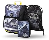 Baagl Schulranzen Jungen Set 3 Teilig, Ergo Schultasche ab 1. Klasse, Ergonomische Grundschule Ranzen mit Brustgurt (Batman Storm)