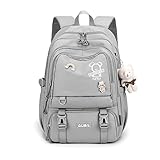 FANDARE Schulrucksack Schulrucksack Kinderrucksack Schultasche Jungen Mädchen Rucksack Schulranzen für Outdoor Reise Daypacks Freizeitrucksack Rucksack mit Plüsch Anhänger Wasserdicht Nylon Grau