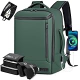 Lekeinchi Handgepäck Rucksack Herren Damen, Wasserdicht Flugzeug Reiserucksack mit 6 Packwürfeln & Separates 17 Zoll Computerfach, Großer Travel Backpack Daypack für Weekender, Reise, Arbeit-Grün