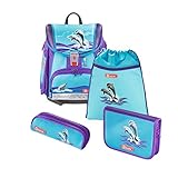 Step by Step Schulranzen-Set Touch 2 „Happy Dolphins“ 4-teilig, lila-blau, Traktoren-Design, ergonomischer Tornister mit Reflektoren, höhenverstellbar für Mädchen 1. Klasse, 21L