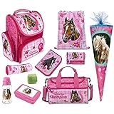 Familando Mädchen Schulranzen-Set 10 TLG. Horse Champion Pferde Rosa | Federmappe | Sporttasche | Dose Flasche Schultüte 85cm | Regenschutz