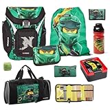 Familando Lego Schulranzen Explorer 9 TLG. mit Federmappe gefüllt, Brot-Dose, Trink-Flasche, Sporttasche und Regenschutz Ninjago Spinjitzu Lloyd Golden Power