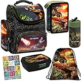 Goldkids Schulranzen Set 6er Ranzen Tornister Federmappe Turnbeutel Turnsack Brotdose Trinkflasche Aufgabenheft für die Grundschule Dinosaurier Dino Motiv