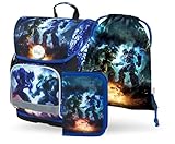 Baagl Schulranzen Jungen Mädchen Set 3 Teilig, Ergo Schultasche für 1. Klasse, Ergonomische Grundschule Ranzen Tornister mit Brustgurt (Roboter)
