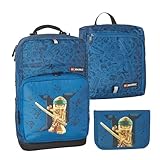 LEGO - Optimo Plus Jungen Schulranzenset mit CE-zertifizertem Federmappeninhalt & montierbarem Turnbeutel - NINJAGO, Gold/Blue - Großes Hauptfach - Verstellbare Brustriemen - 5-8 Jahre