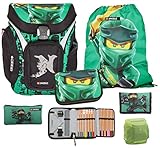 Familando Lego Ninjago Schulranzen-Set Explorer Ranzen 1. Klasse 6 TLG. mit Federmappe Ninja grün Spinjitzu Lloyd Golden Power Regenschutz