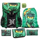Ninjago Schulranzen Set für Jungen und Mädchen · Lego Easy Golden Power · 790 Gramm leicht · Schultasche 1. Klasse (6-teiliges Set mit Federmappe, Grün)