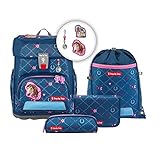 Step by Step Schulranzen-Set CLOUD „Horse Lima“ 5-teilig, ergonomischer Tornister, höhenverstellbar mit Hüftgurt, für die Grundschule, ab der 1. Klasse, 19L, blau-rosa, Pferd-Design