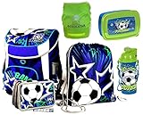 SCOOLSTAR Fußball Schulranzen Jungen 1 Klasse Tornister Schulrucksack Schultasche | SEHR LEICHT | Set 6 TLG. | inkl. Federmäppchen, Turnbeutel, Regenschutz, Trinkflasche und Brotdose