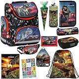 Set XXL 12er Schulranzen Ranzen Tornister Federmappe Turnbeutel Gummizugmappe Etui Brotdose Trinkflasche Aufgabenheft Zuckertüte Geldbeutel Dinosaurier Dino Motiv