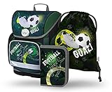 Baagl Schulranzen Jungen Set 3 Teilig, Ergo Schultasche ab 1. Klasse, Ergonomische Grundschule Ranzen mit Brustgurt (Fussball)