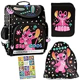 Goldkids Schulranzen Lilo Stitch 1.Klasse Mädchen ergonomischer Ranzen Federmappe penzil etui Kinder maeppchen Turnbeutel Aufgabenheft Grundschule 4er-Set. Geeignet ab der ersten Klasse Schultasche