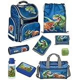 Familando Schulranzen 1. Klasse · ergonomischer Tornister · Schultasche für Jungen und Mädchen (9-teiliges Set mit Sporttasche, Dinosaurier Dino-Welt)