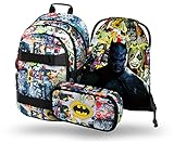Baagl Schulrucksack Set Jungen Mädchen 3 Teilig, Schultasche ab 3. Klasse, Grundschule Ranzen mit Brustgurt, Ergonomischer Schulranzen (Batman Comics)