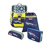 Step by Step Schulranzen-Set 2IN1 DIN Space Pirate“ 4-teilig, blau-schwarz, Raumschiff-Design, ergonomischer Tornister mit Reflektoren, höhenverstellbar mit Hüftgurt, Jungen, 1. Klasse, 19L