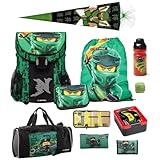 Familando Ninjago Schulranzen Set für Jungen und Mädchen · Lego Easy Golden Power · 790 Gramm leicht · Schultasche 1. Klasse (10-teiliges Set mit Schultüte, Grün)