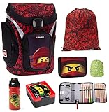 Lego Schulranzen-Set Ninjago Red Explorer Premium 6 TLG. mit Federmappe, Brotzeit-Dose, Trink-Flasche und Regenschutz Ninja Kai Spinjitzu Lloyd