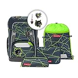 Step by Step Schulranzen-Set Giant „Dark Cat Chiko“ 5-teilig, ergonomischer Tornister, höhenverstellbar mit Hüftgurt, für die Grundschule, ab der 1. Klasse, 23L, grau-grün-schwarz, Panther-Design