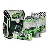 Grundschul Ranzen Set - Schulranzen Set 4 teilig für Jungen mit Schlampermäppchen Zeichenmappe Turnbeutel ('RACER MONSTER' Rennauto)