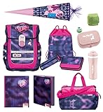 McNeill Schulranzen Mädchen 1. Klasse 12-TLG. Set Ergo Complete Herz-Motiv mit Sporttasche ABC Schultüte 85cm und Regenschutz | Komplett-Set für die Einschulung