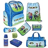 Familando Schulranzen 1. Klasse · ergonomischer Tornister · Schultasche für Jungen und Mädchen (9-teiliges Set mit Sporttasche, Super Mario Game)