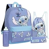 Disney Lilo und Stitch Schulrucksack Mädchen Set mit Schulranzen, Turnbeutel, Federmäppchen, Trinkflasche 470 ml & Keyring - Stitch Sachen