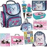 Goldkids Schulranzen SET XXL 11 Teile Katze Cat Motiv Ranzen Federmappe Turnbeutel Brotdose Trinkflasche Sporttasche Zuckertüte Aktenmappe Tischunterlage Sammelmappe Aufgabenheft