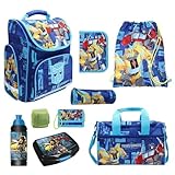 Familando Transformers Schulranzen 1. Klasse für Jungen und Mädchen · ergonomischer Tornister · Jungs Schultaschen-Set (9-teilig mit Sporttasche)