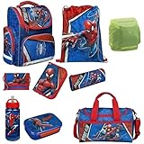 Familando Schulranzen 1. Klasse · ergonomischer Tornister · Schultasche für Jungen und Mädchen (9-teiliges Set mit Sporttasche, Marvel Spiderman)