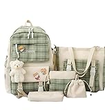 5-teiliges Kawaii-Rucksack-Set mit niedlichen Nadeln, Bär-Anhänger, Tragetasche, Bleistiftbeutel, kariert, ästhetisch, Schulranzen und Tagesrucksack, Grün