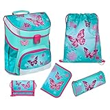 Familando Mädchen Schulranzen 1. Klasse · Scooli Campus Fit Schultasche · ergonomisch & leicht · Kinder Schulranzen Set für Mädchen (5-teiliges Set mit Federmappe, Butterfly Türkis)