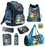 Familando Transformers Schulranzen-Set 8-tlg. | Ranzen 1. Klasse | Schultasche mit Sporttasche | Blau Optimus Prime Bumblebee Auto-Roboter | Regenschutz