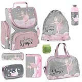 Familando Ballerina Mädchen Schulranzen Set 8 TLG | Ranzen 1. Klasse | Schultasche mit Sporttasche, Brotdose, Trinkflasche und Regenschutz | Ballett Princess