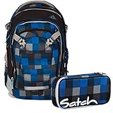 satch Match by Ergobag: Airtwist Blau Schwarz Karo 2-teiliges Set Rucksack & Schlamperbox inkl. Geodreieck - Der Ganztagsbegleiter: Rucksack wächst mit bis ca. 1,90m Körpergröße