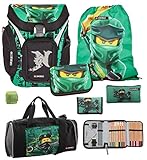 LEGO Schulranzen Explorer Ninjago Motiv Golden Power 7 tlg. Set mit Federmappe, Geldbeutel, Schlamper, Sporttasche und Regenschutz Spinjitzu Lloyd Schulranzen-Set