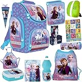 Schulranzen Set XXL12-teilig 1. klasse Mädchen Ranzen Tornister Federmappe Turnbeutel Brotdose Trinkflasche Zuckertüte Schürze Stiftetasche Aufgabenheft für die Grundschule Frozen Eiskönigin Motiv