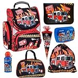 Goldkids Feuerwehr Firefighters Schulranzen Grundschule ergonomischer Ranzen Federmappe Federtasche Federmäppchen ohne Inhalt Turnbeutel Brotdose Trinkflasche Zuckertüte Sporttasche 7er Set Fire